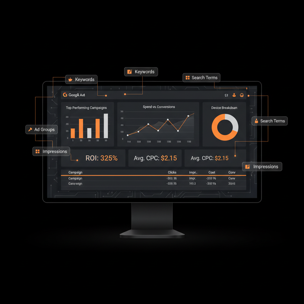 Dashboard de gestión de campañas PPC con métricas de Google Ads, gráficos de rendimiento y estrategia de palabras clave